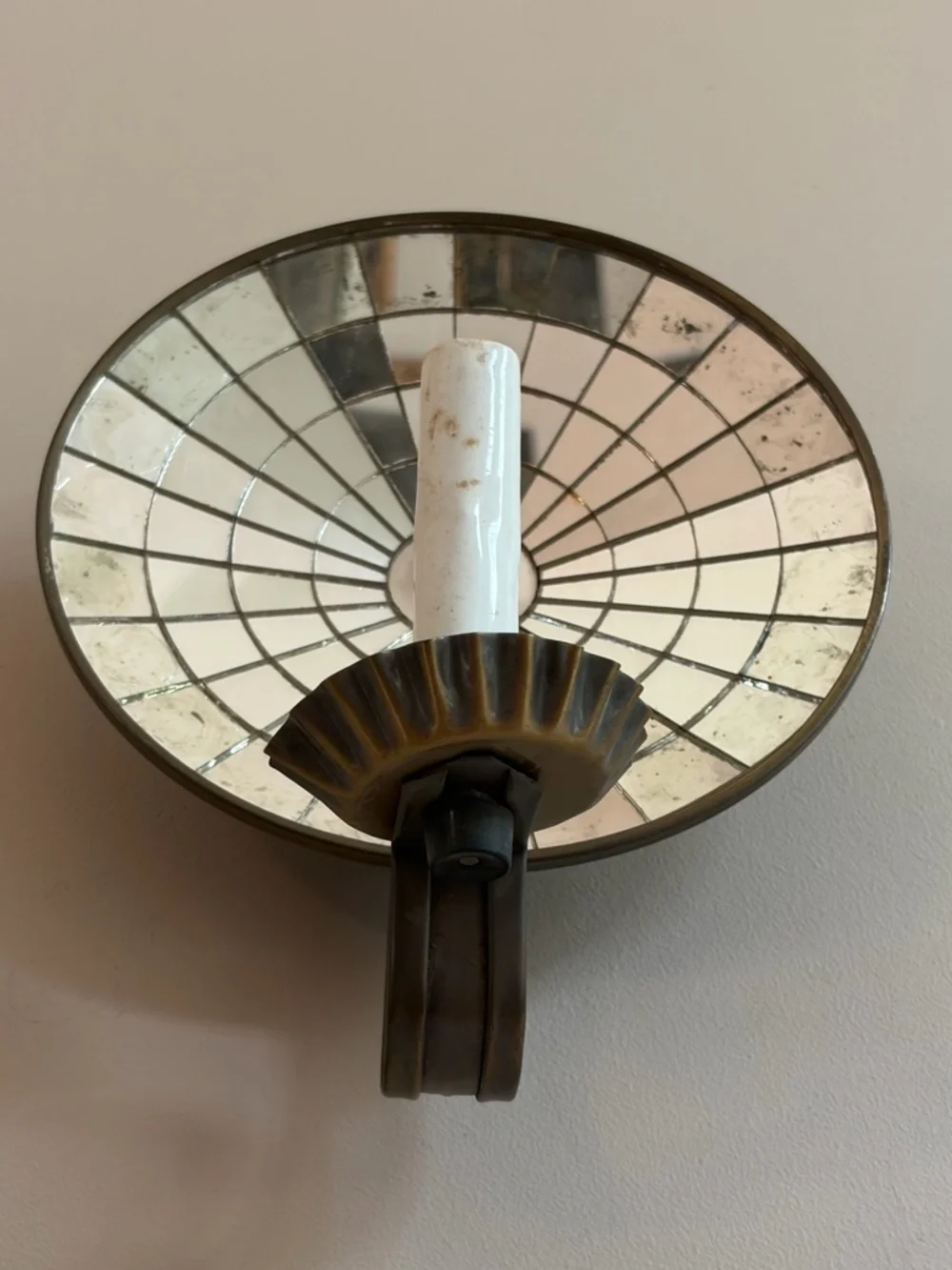 Vintage American Colonial Revival Round Concave Mirrored Disc Wall Scone Light